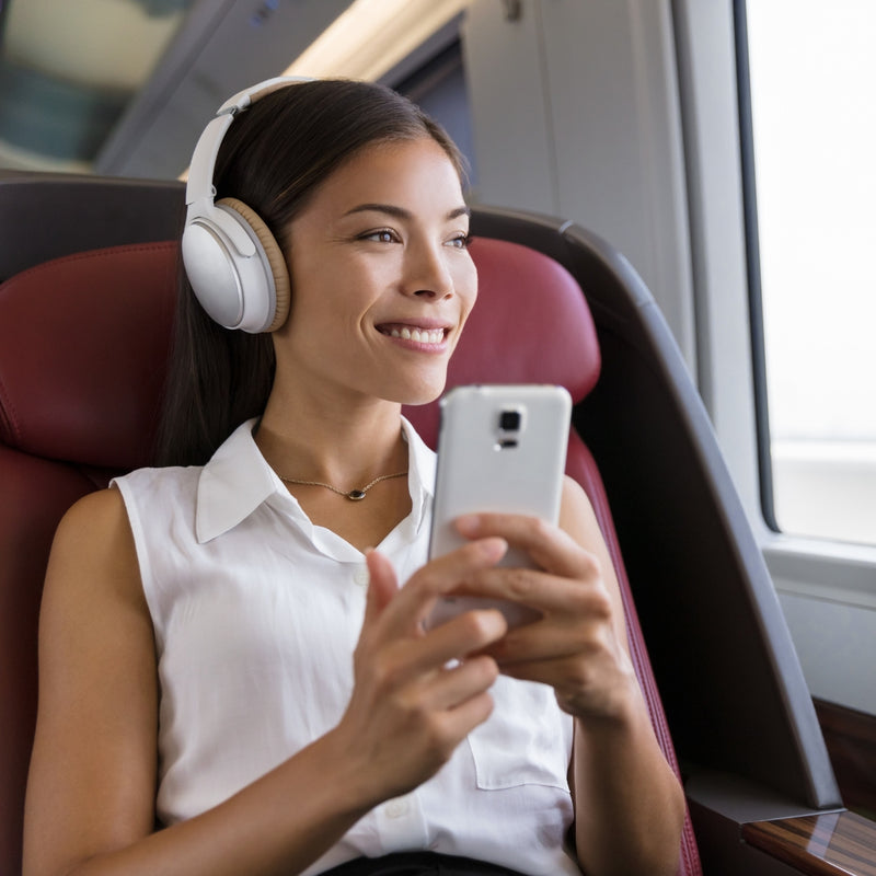 A woman sitting in a train or bus seat wearing white over-ear headphones and holding a smartphone, with a window and train interior visible around her.